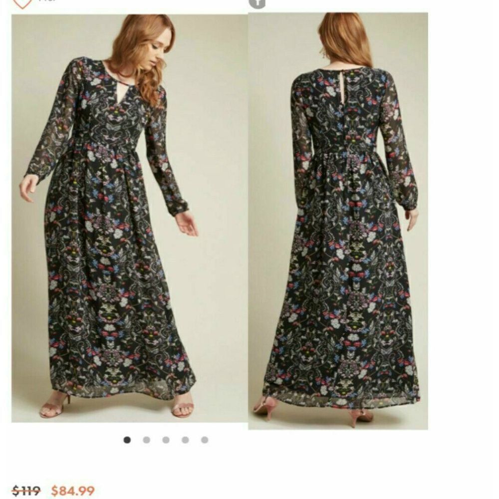 ModCloth Lace‎ & Mesh Dress Maxi Dress  Black Floral Long Sleeves